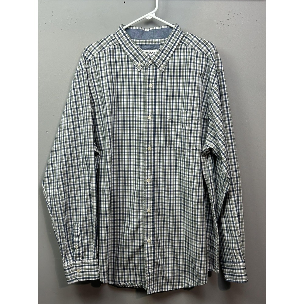 Haggar Button Down Mens XXL Blue Green White Plaid Stretch Long Sleeve Shirt